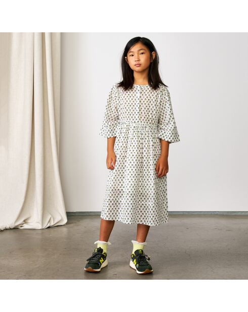 Robe mi-longue en Coton Hoboes imprimée écru/vert