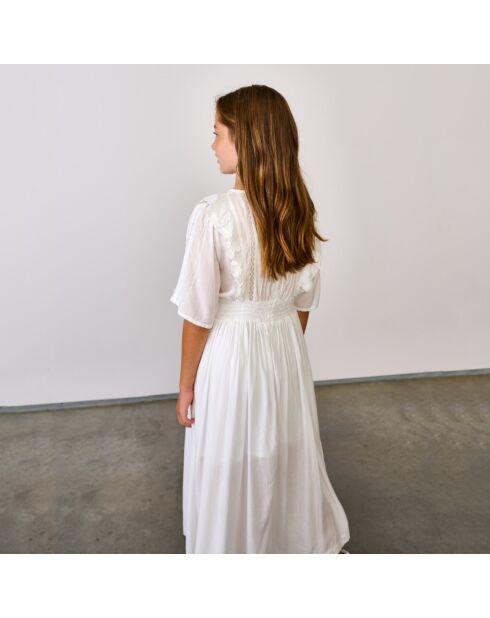 Robe longue Heaven à dentelle et volant blanche