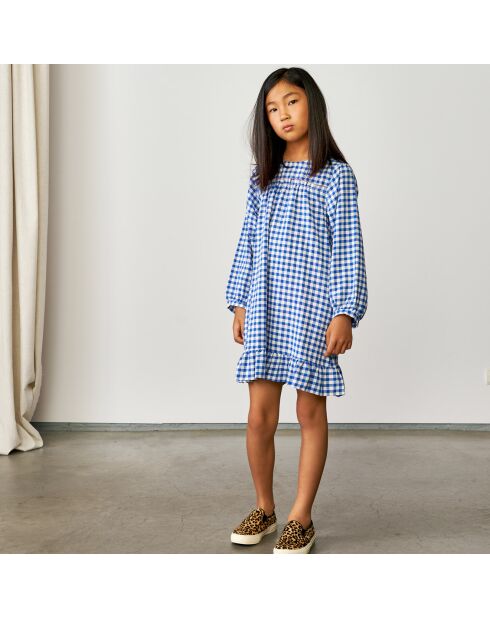 Robe courte Pénélope motif vichy à volant bleue