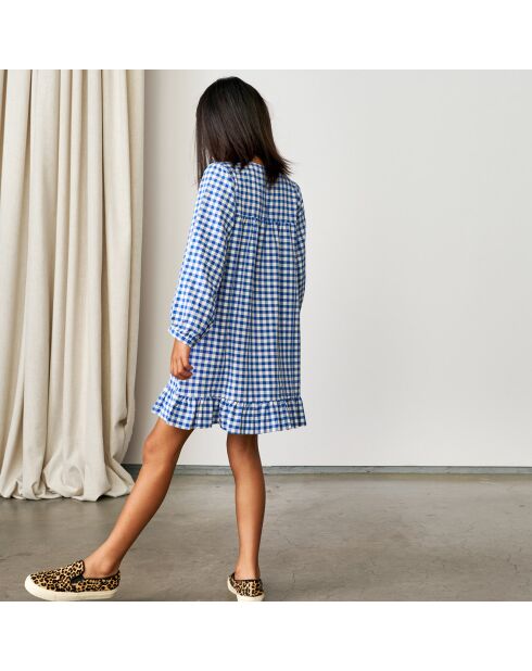 Robe courte Pénélope motif vichy à volant bleue