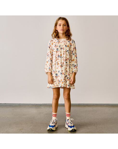 Robe courte Pénélope imprimé floral à volant écru/multicolore