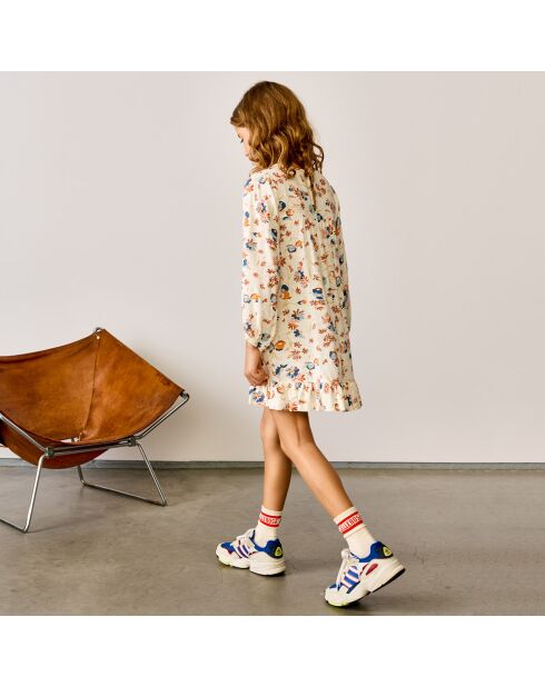 Robe courte Pénélope imprimé floral à volant écru/multicolore
