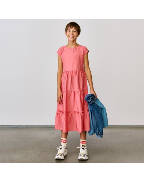 Vestido largo con volantes rosa azul