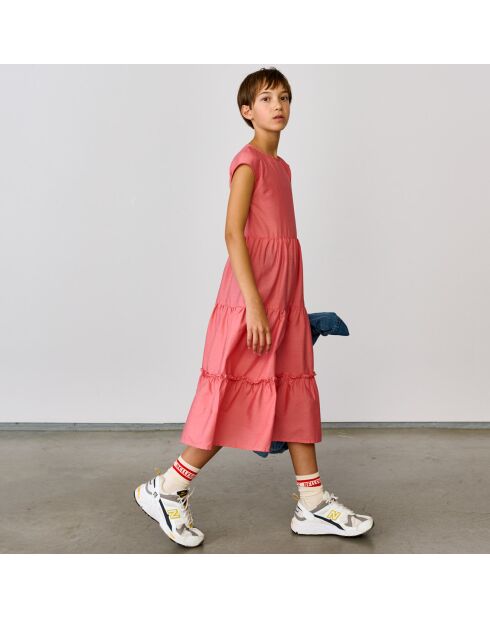 Vestido largo con volantes rosa azul