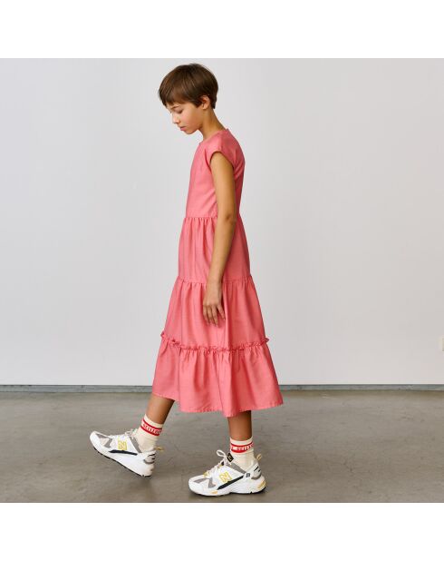 Robe longue Azul à volants rose