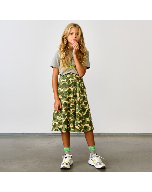 Mittellanger Rock Alicia aus einer Baumwollmischung, bedruckt in Khaki/Gelb