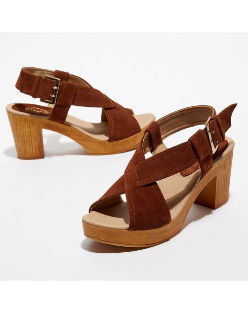 Sandales sabots en Velours de Cuir Marta marron - Talon 8 cm