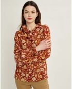 Blouse en Crêpe lavallière imprimée Arabesque rouge foncé