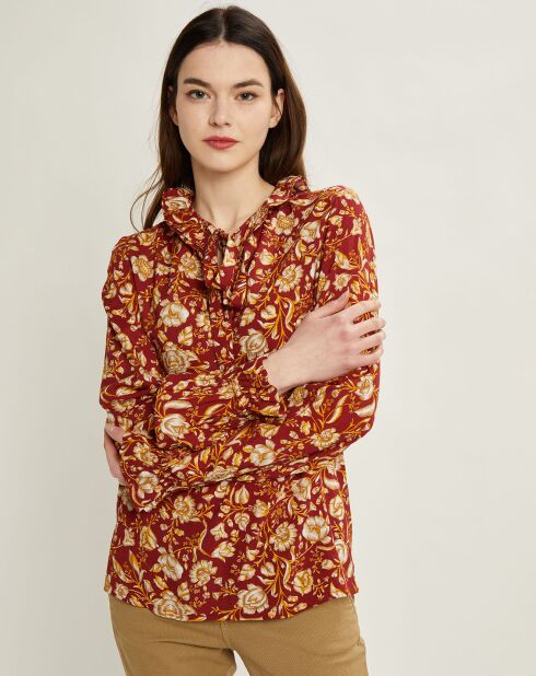 Blouse en Crêpe lavallière imprimée Arabesque rouge foncé