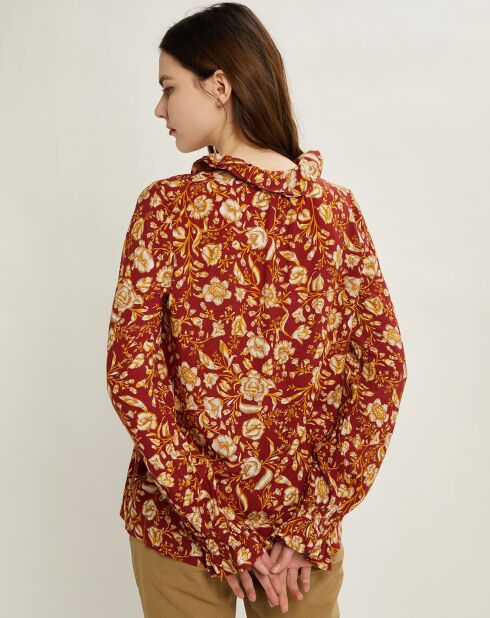 Blouse en Crêpe lavallière imprimée Arabesque rouge foncé