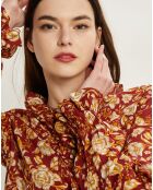 Blouse en Crêpe lavallière imprimée Arabesque rouge foncé