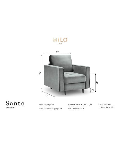 Fauteuil Velours Santo noir - 80x90x90 cm
