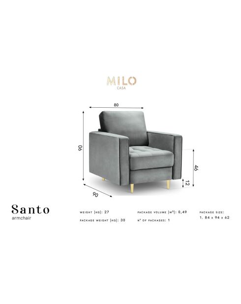 Fauteuil Velours Santo gris foncé - 80x90x90 cm