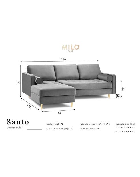 Santo Velours Linkerhoekbank 4-zits fles groen - 236x170x90 cm