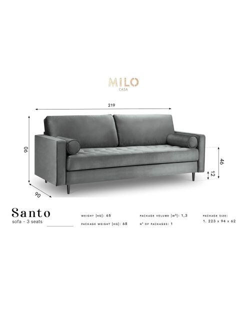 Canapé Velours Santo 3 Places vert bouteille - 219x90x90 cm