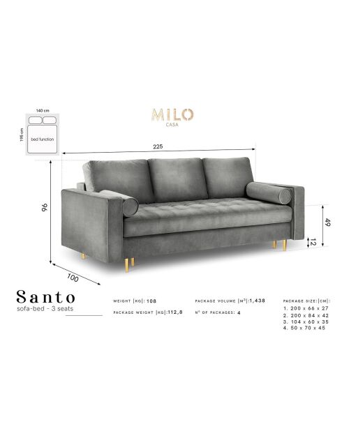 Canapé Velours Convertible avec Coffre Santo 3 Places noir - 225x100x96 cm