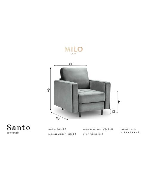 Fauteuil Velours Santo noir - 80x90x90 cm