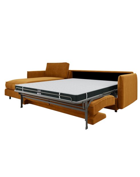 Canapé convertible d'angle gauche matelas Isaka velours moutarde - 268x166x90 cm