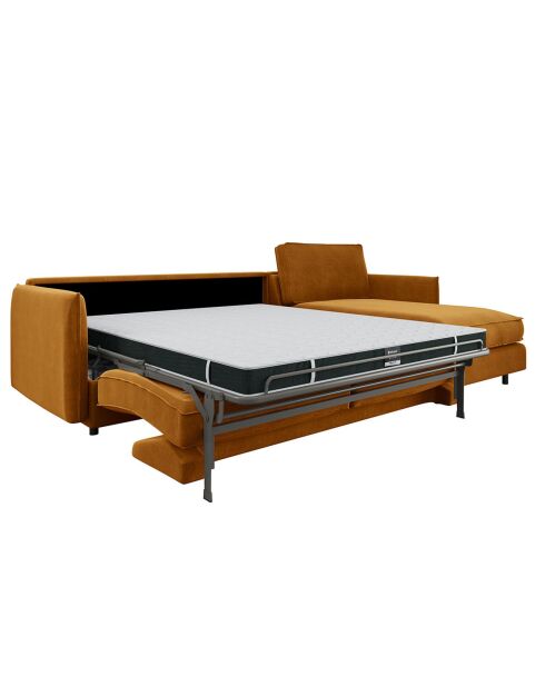 Canapé convertible d'angle droit matelas Isaka velours moutarde - 268x166x90 cm