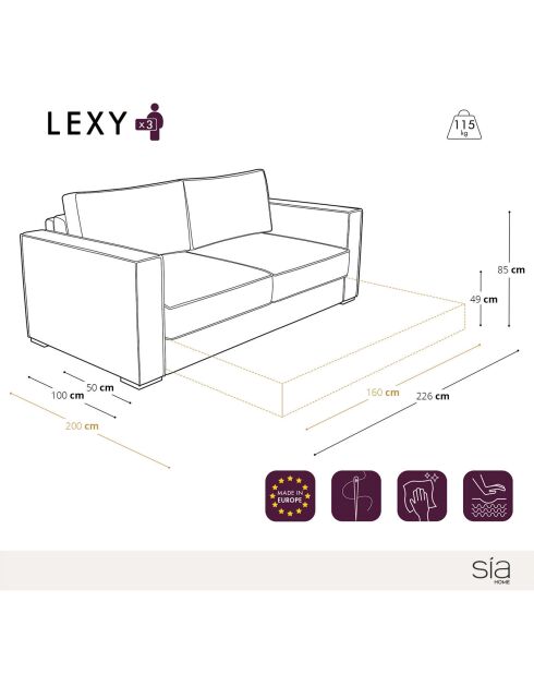Lexy konvertierbares Sofa aus blaugrauem Webstoff - 226x100x85 cm
