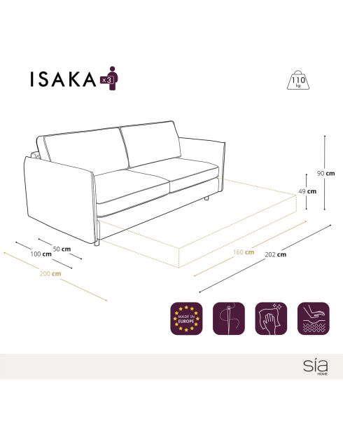 Canapé convertible Isaka velours crème - 202x100x90 cm