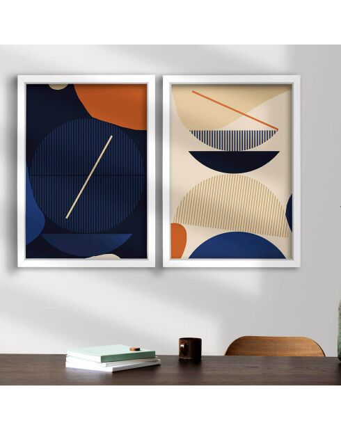 2 Peintures encadrées orange/bleu marine/bleu/crème - 38x53 cm