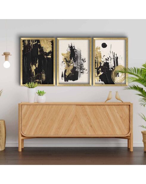 Gerahmtes Gemälde 3 Stück gold/weiß/schwarz - 38x53 cm