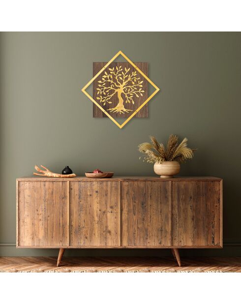 Décoration murale en bois noyer/doré - 54x54 cm