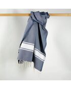 Fouta unie à bande bleu gris - 100x200 cm