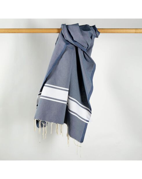 Fouta unie à bande bleu gris - 100x200 cm