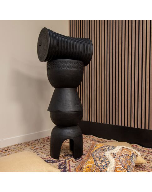 Tabouret en bois d'acacia brulé madi noir - D.30x45 cm