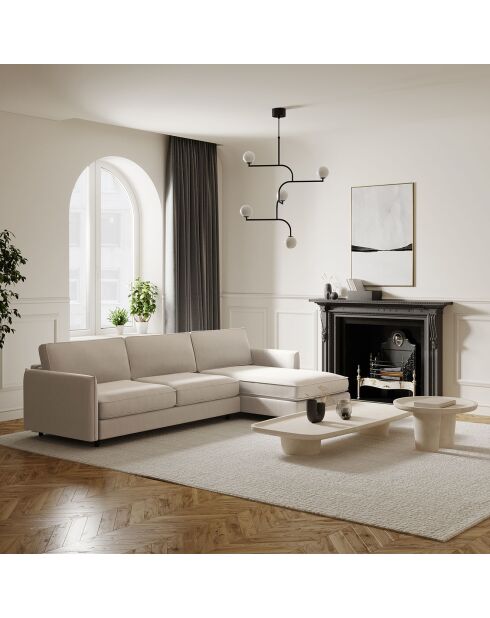 Sofá cama en esquina derecha, colchón Isaka, tejido beige, 268x166x90 cm