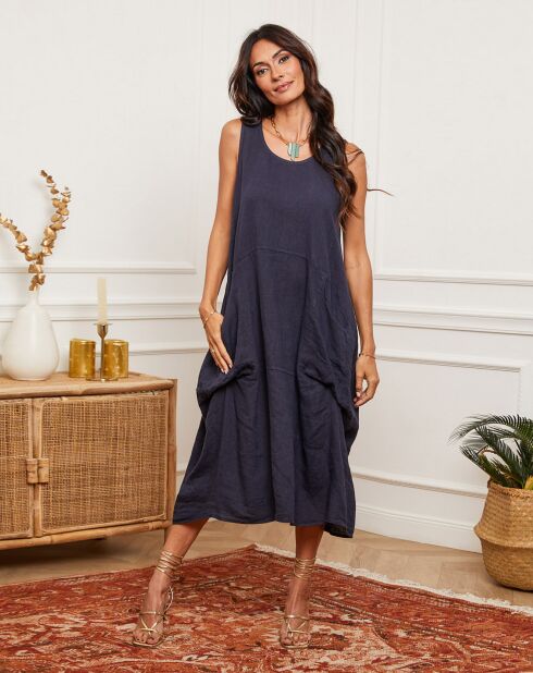 Marineblauwe jurk van 100% linnen Alteo