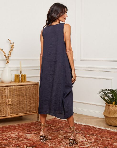 Marineblauwe jurk van 100% linnen Alteo