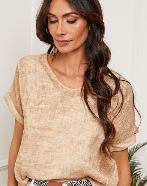 Fabioza camel top van 100% linnen