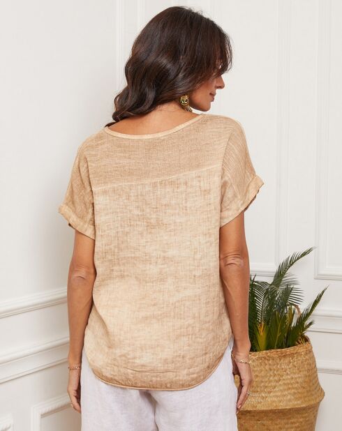 Fabioza camel top van 100% linnen