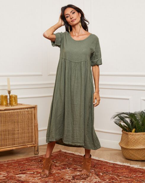 Kaki jurk van 100% linnen Gustaro