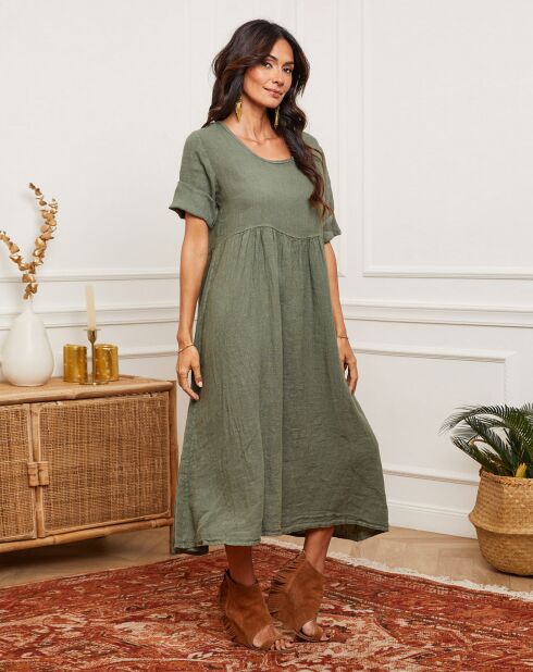 Kaki jurk van 100% linnen Gustaro