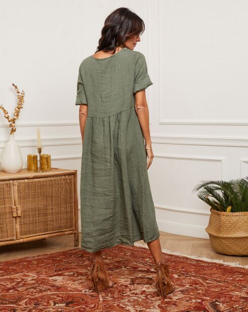 Kaki jurk van 100% linnen Gustaro