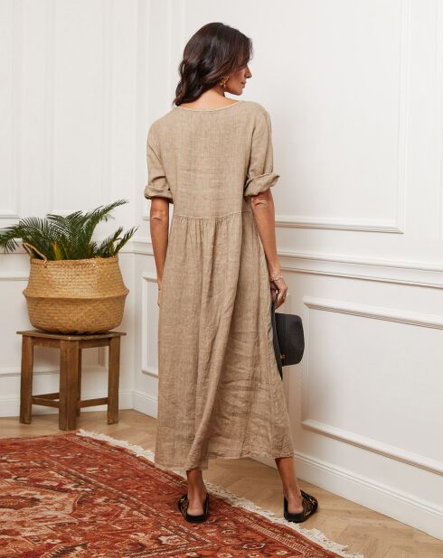 Gustaro taupefarbenes Kleid aus 100% Leinen
