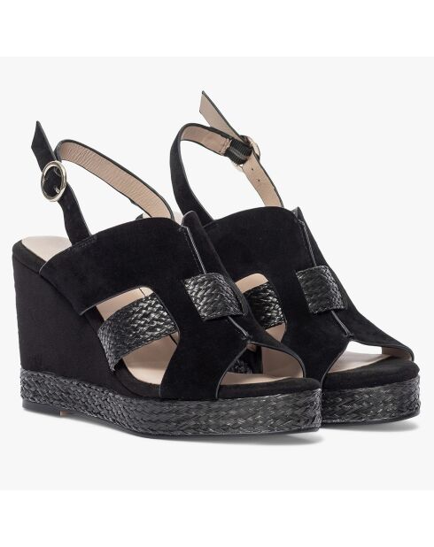 Sandales compensées en Velours de Cuir Yacina noires - Talon 9 cm