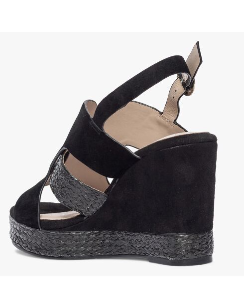 Sandales compensées en Velours de Cuir Yacina noires - Talon 9 cm