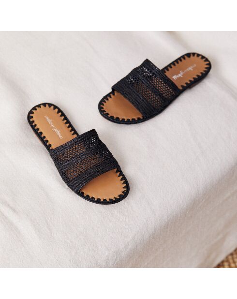 Schwarze Raffia Swan Pantoletten