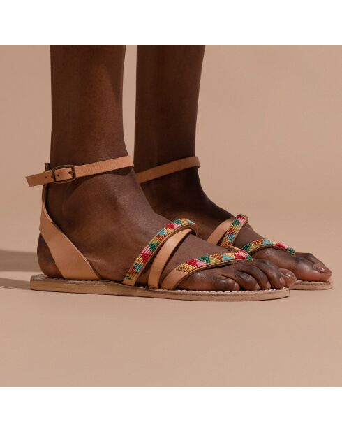 Sandales en Cuir & Perles Buyuni taupe/multicolore