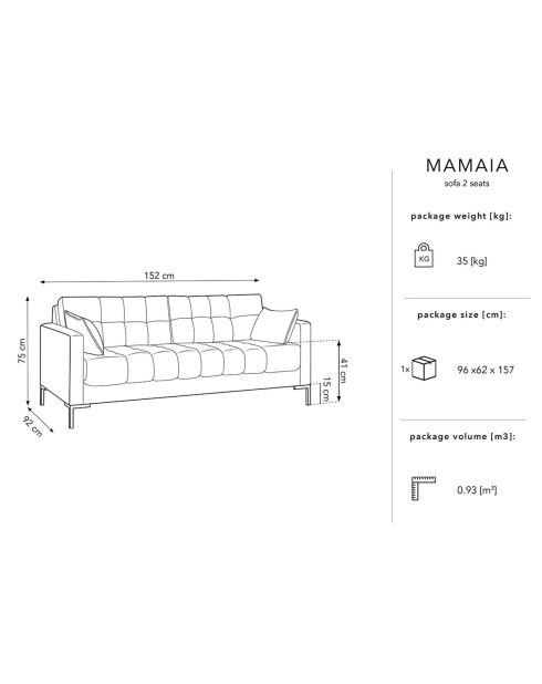 Canapé Velours Mamaia 2 places gris clair - 152x92x75 cm