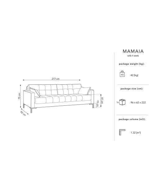 Canapé Velours Mamaia 4 places gris clair - 217x92x75 cm