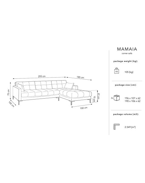 Canapé d'angle Droit Velours Mamaia 5 places beige clair - 293x185x75 cm