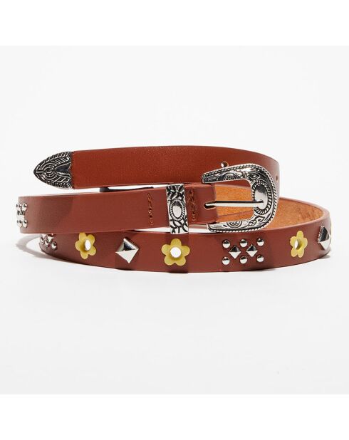 Ceinture fine en Cuir à clous marron