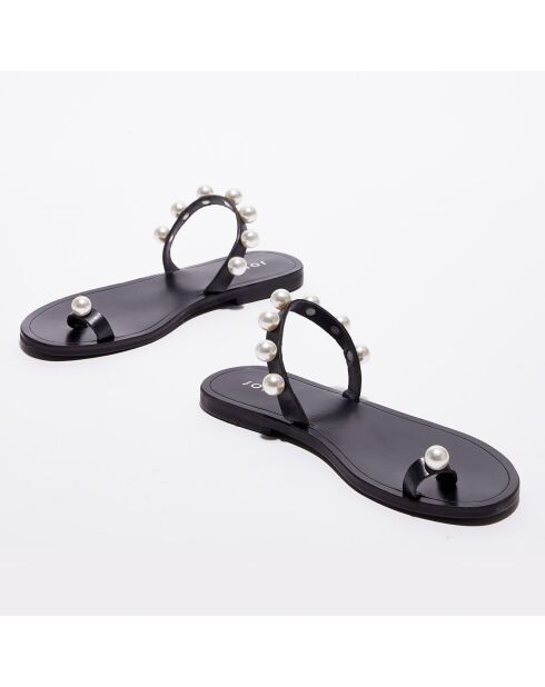 Flache Pantoletten aus Wattelleder mit schwarzen Perlen