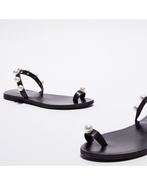 Flache Pantoletten aus Wattelleder mit schwarzen Perlen